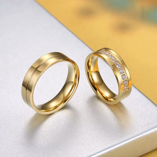 Trendy Gold Stainless Steel Couple Rings – CZ Wedding Bands